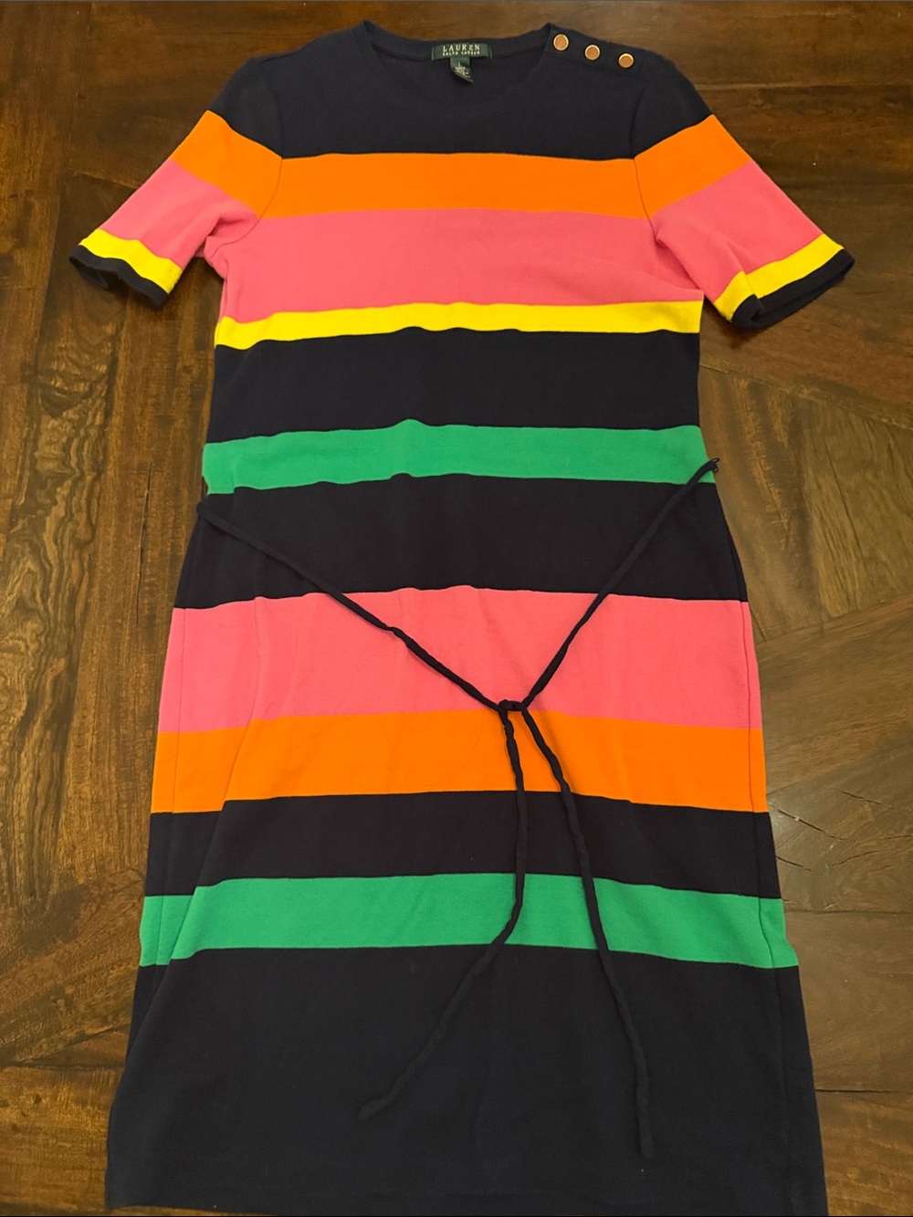 Ralph Lauren Navy Knit mini Dress with Pink, Orange, Yellow & Green Stripes